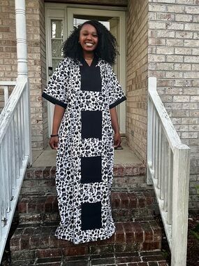 Black & White Floral Panel African Print Kaftan Maxi Dress - Women